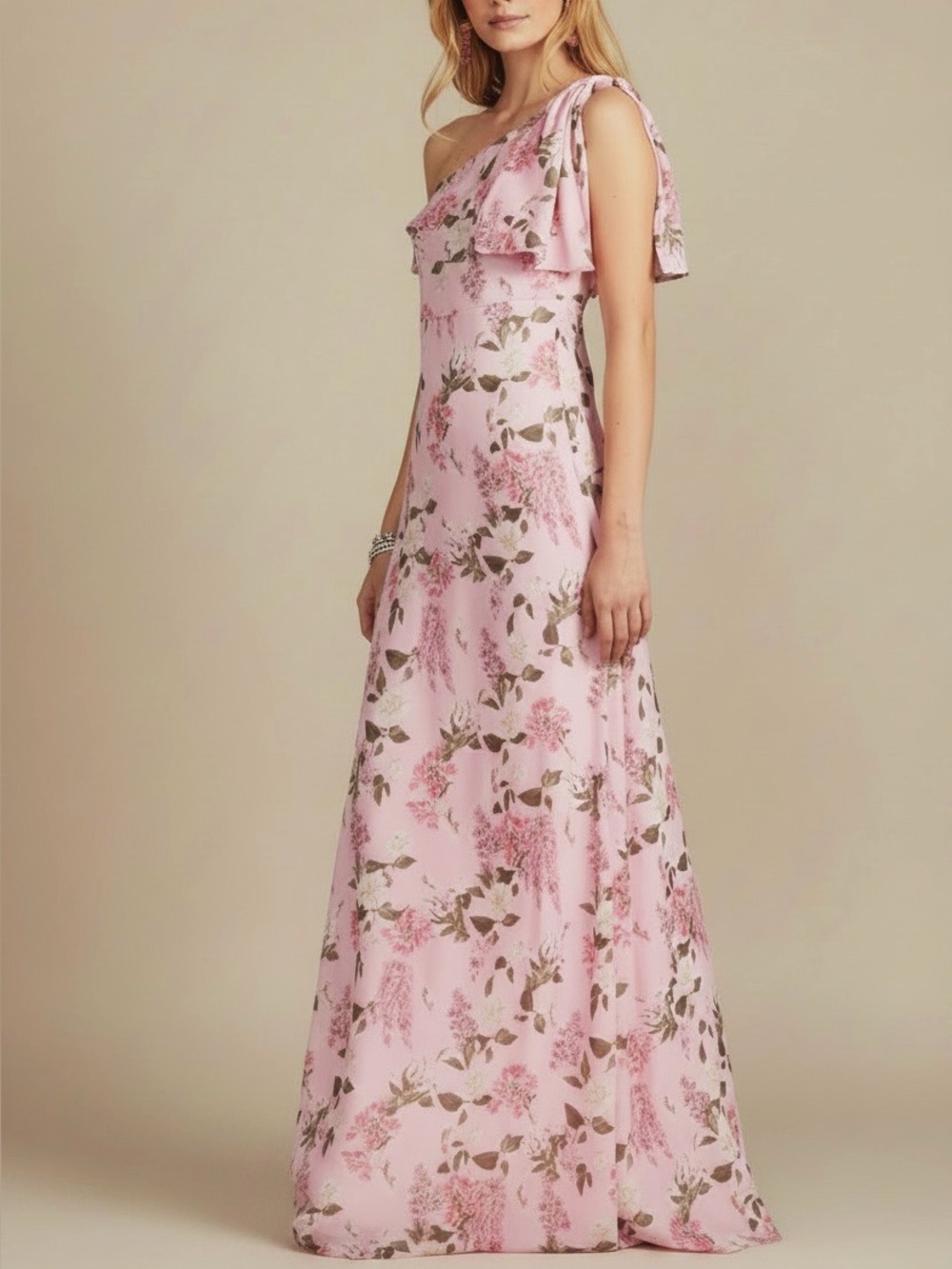 NWT SACHIN + BABI Pink Floral Sleeveless One Shoulder Bow Dress Gown Size 6